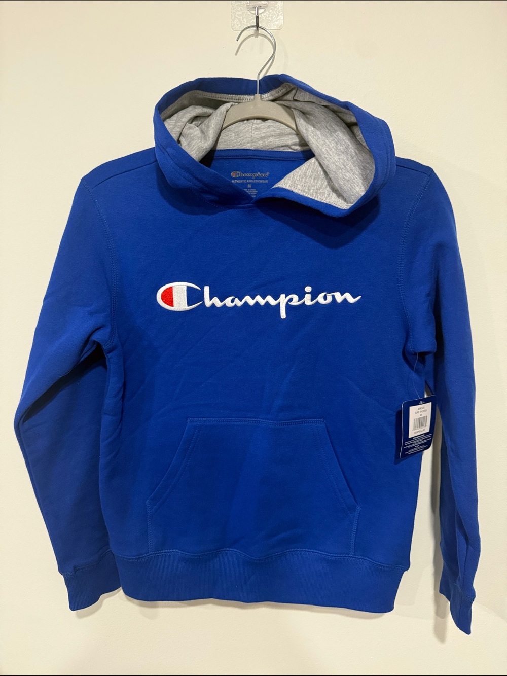 Champion Blue Hooded Sweatshirt with Grey Lining and Script Logo